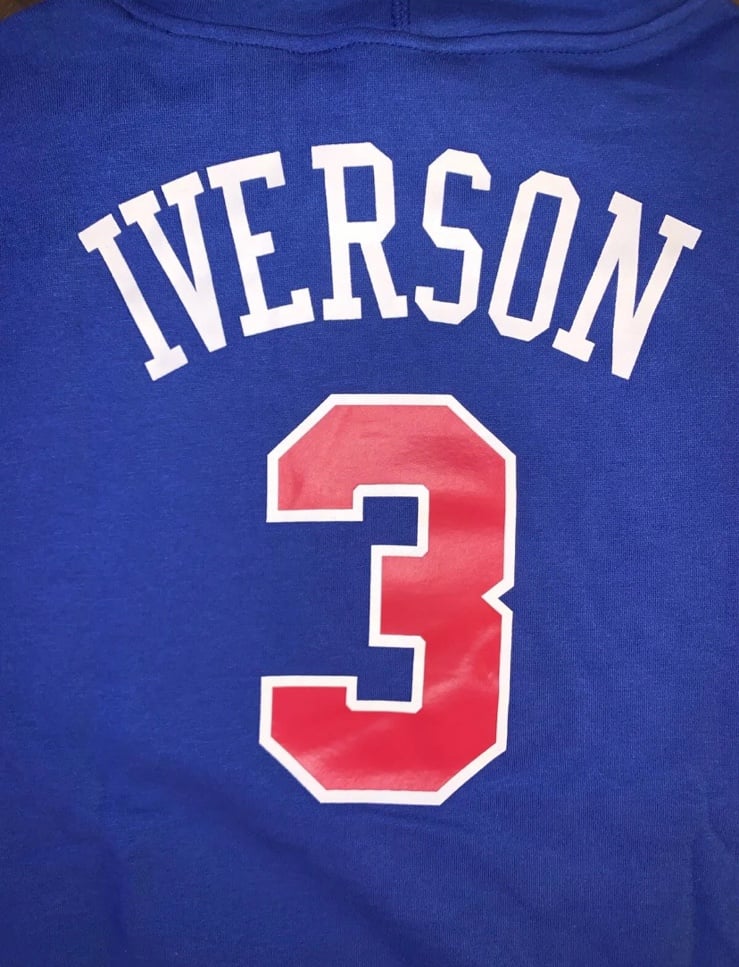 NWT Allen Iverson PHILA 76ers Mitchell & Ness NAME/3 HOODIE-Youth LARGE-Blue/Red B9ld3bihR