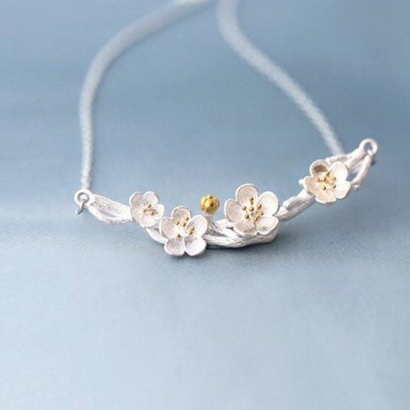 NEW 925 Silver Two Tone Flower Necklace 7sWqgMXfb