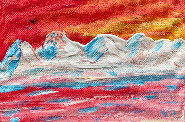 4x6” Sunset Painting White Mountain Original Art Canvas Arts Coral Red Pink Art gimeqcvK9