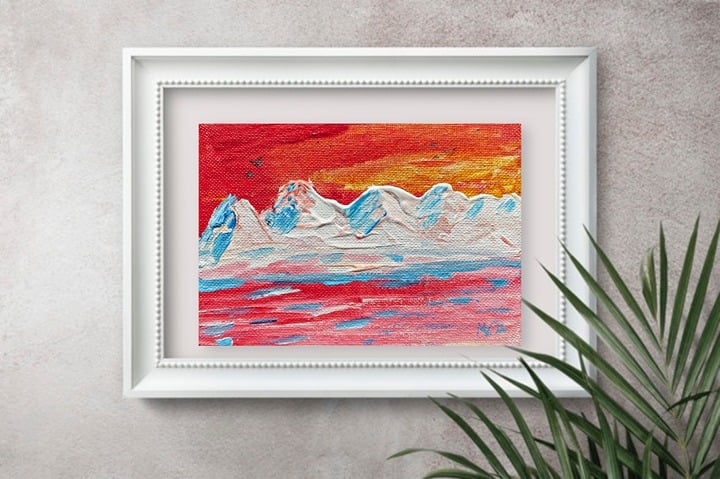 4x6” Sunset Painting White Mountain Original Art Canvas Arts Coral Red Pink Art gimeqcvK9