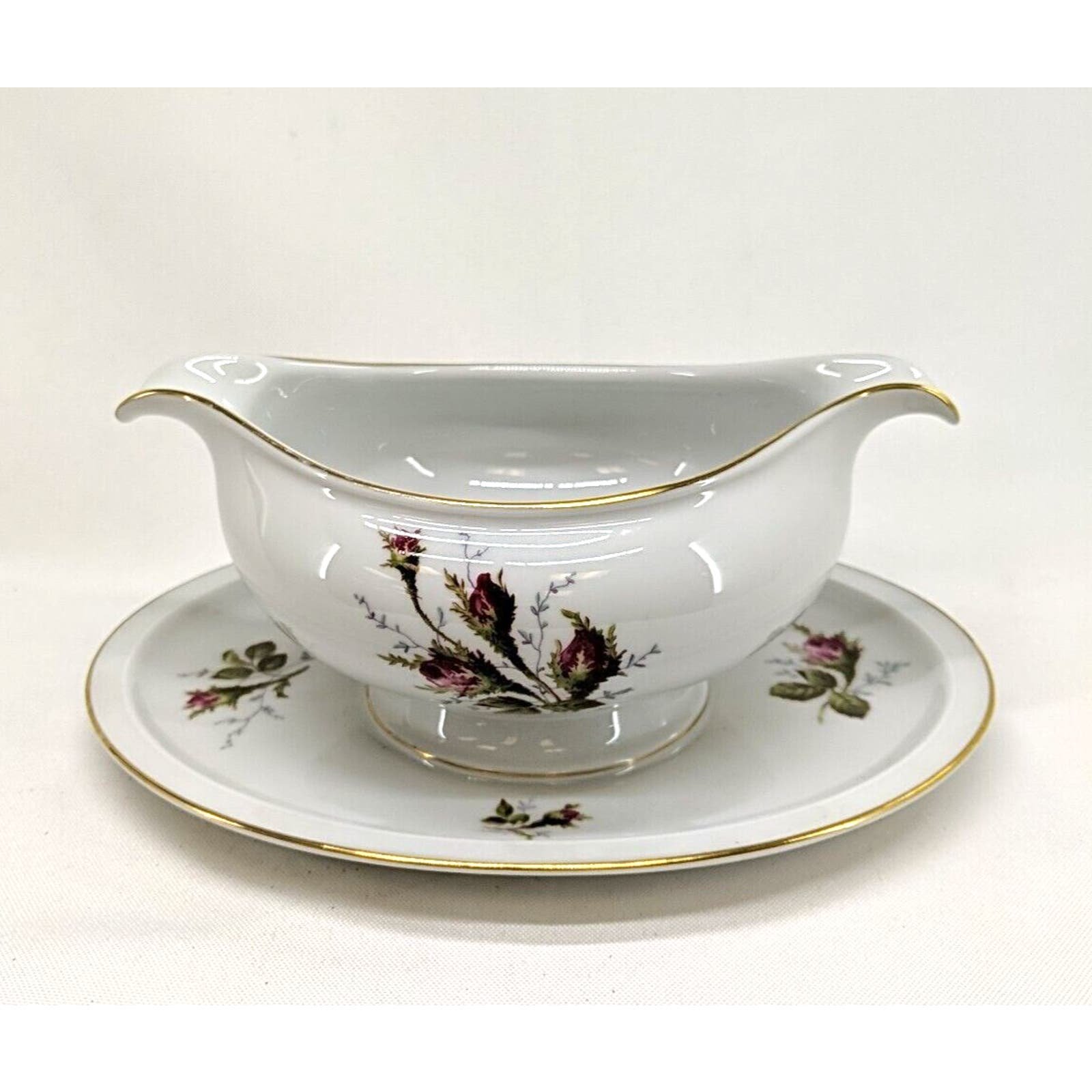 Rosenthal Germany Winifred Moss Rose Gravy Bowl with Attached Underplate CBj21RKr4