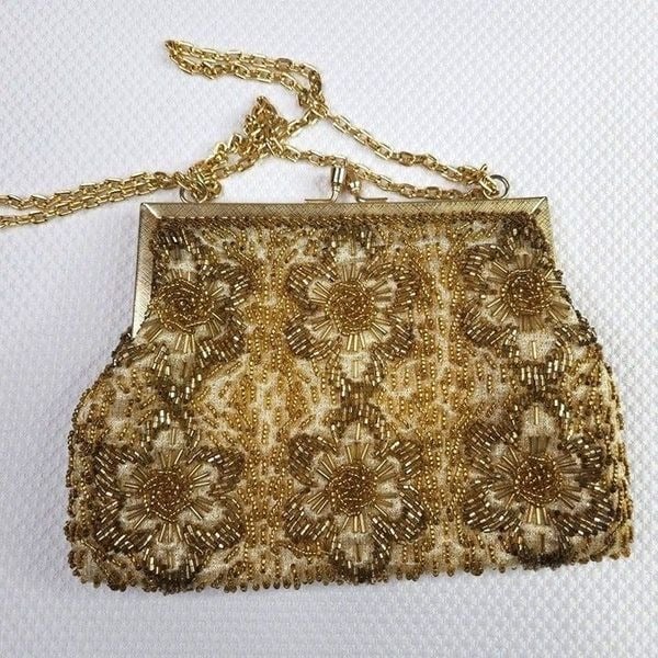 Vintage 60s Mod Fine Arts Bag Gold Beads Floral Strap S