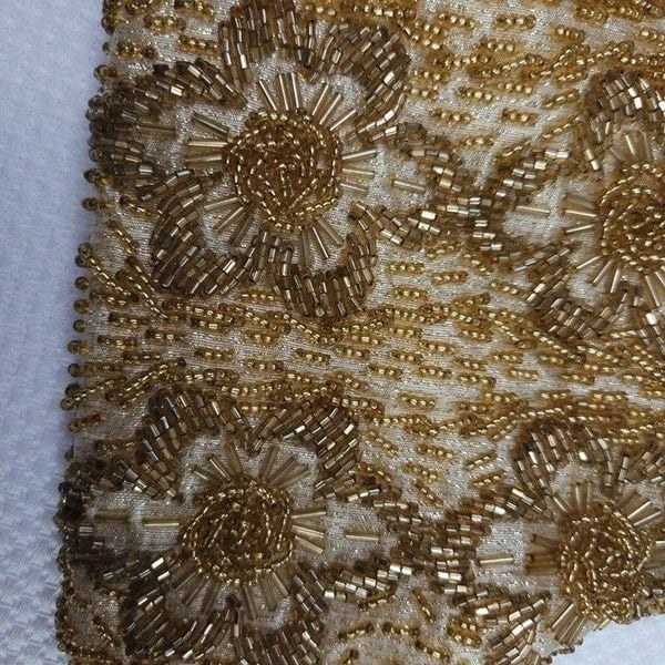 Vintage 60s Mod Fine Arts Bag Gold Beads Floral Strap Satin Kiss Lock g7qOW6vkk