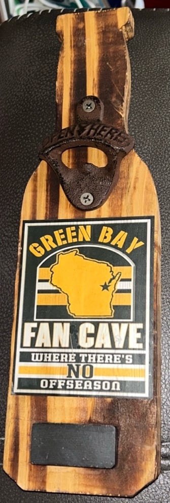 Handmade wooden bottle opener for those Green Bay fans…
