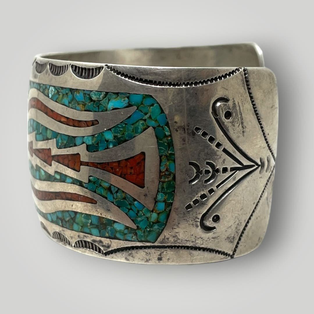 Vintage Native American Cuff Chip Inlay Bracelet Turquoise Coral criFU9YsR