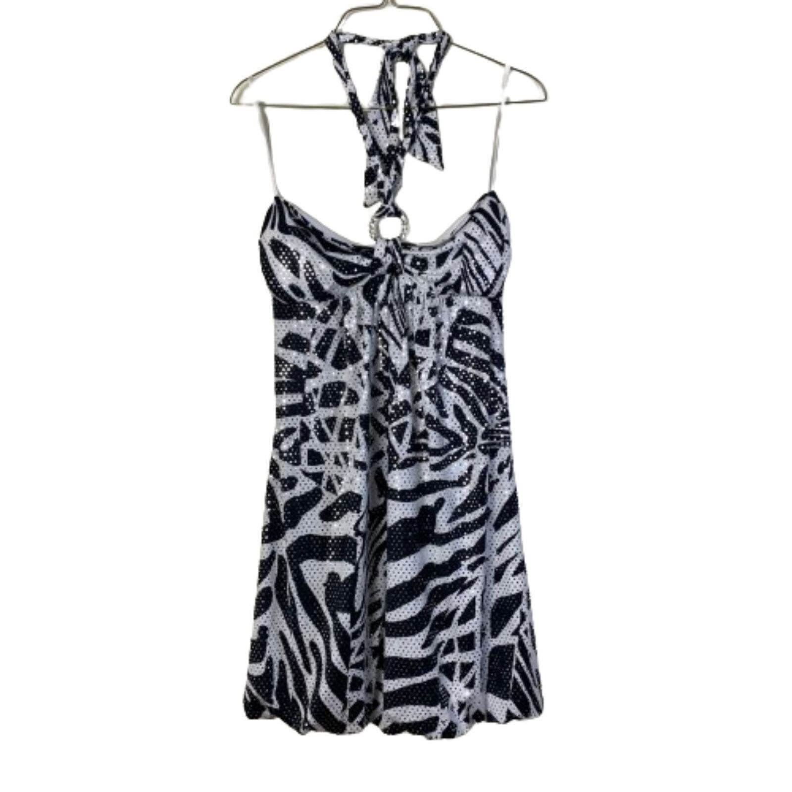 Taboo Y2K zebra animal stripe shimmer metal accent halter mini dress Size MEDIUM g9t3ZGVgH