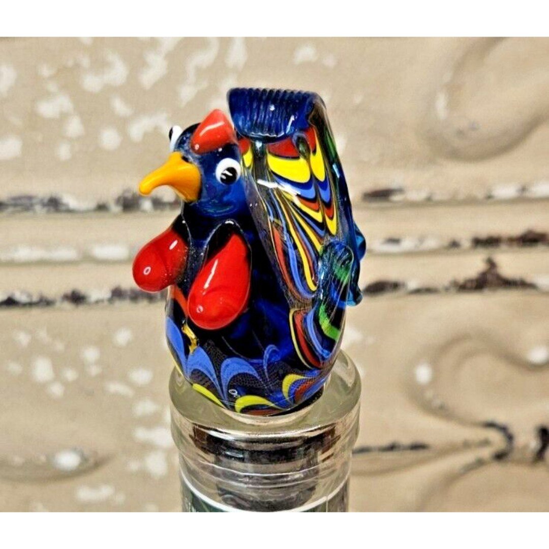 Beautiful Vibrant Blown Art Glass Rooster Wine Bottle Stopper (read) eNbJWmfnj
