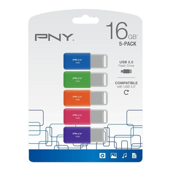 PNY USB 2.0 Flash Drives, 16GB, Assorted Colors, Pack Of 5 Flash Drives 9EiU0KAWU