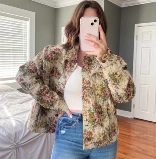 Vintage Floral Denim Jacket Size Large FsqkgQcyK