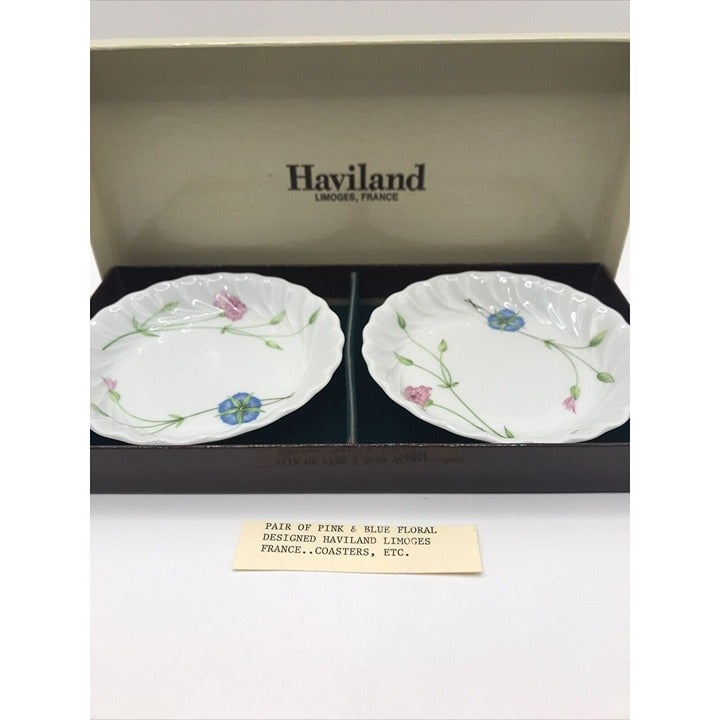 2 Haviland Limoges Coasters - Presentation Box Pink Blue Floral C4cYphVQN