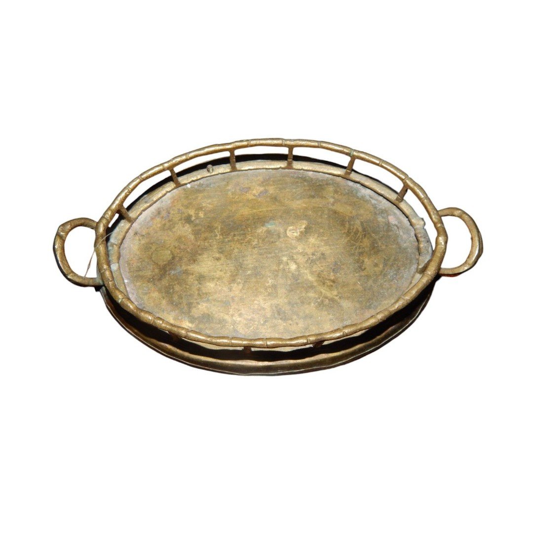 vintage antique small oval ornamental brass tray with s