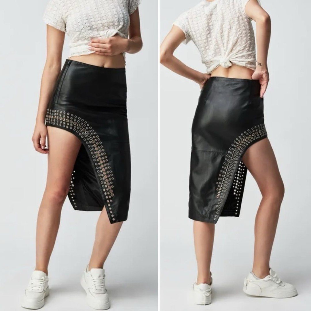NWT Understated Leather Free People Asymmetrical Black Grommet Skirt size large CPxWeia4v