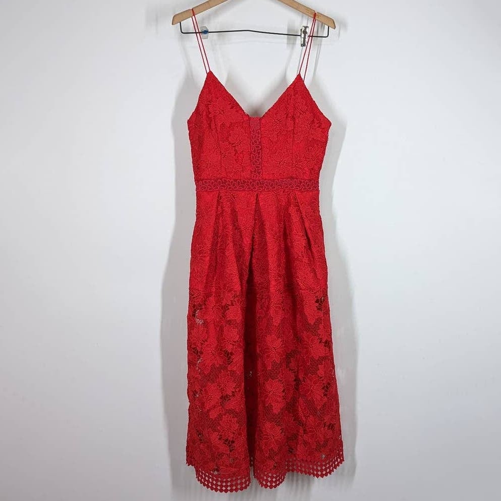 NICHOLAS Rouleau Red Lace Sleeveless V-Neck Midi Dress Size 6 Women´s Preowned 44A0VJhp2