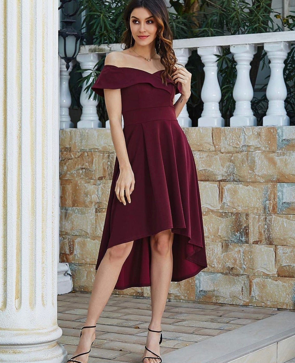 Wine Red Off Shoulder Womens High Low A Line Dress Size