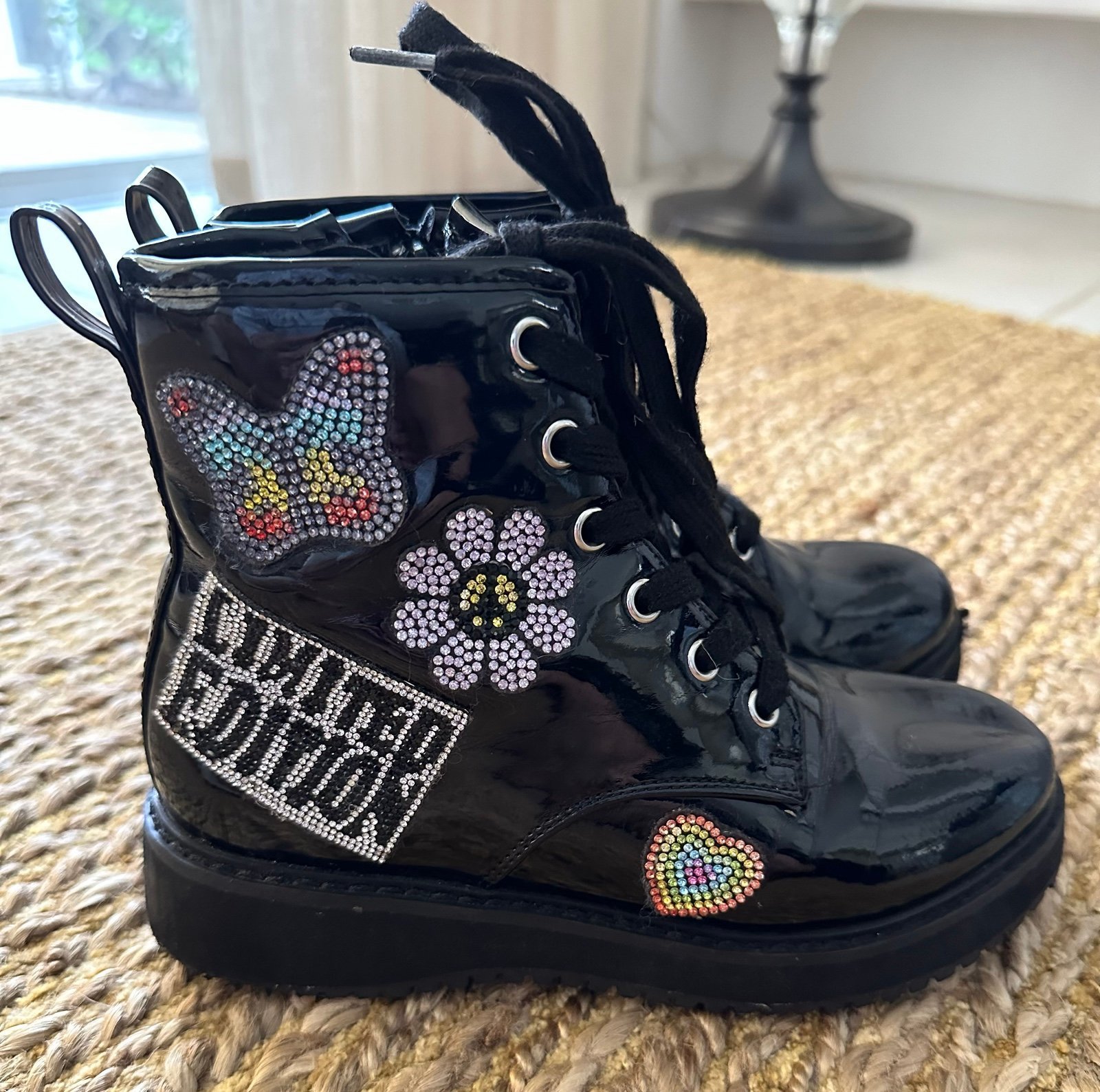 Steve Madden Girls Kudos Black Patent Lace Up Boots Size (1M) Super Cute! B1gvSRuwf