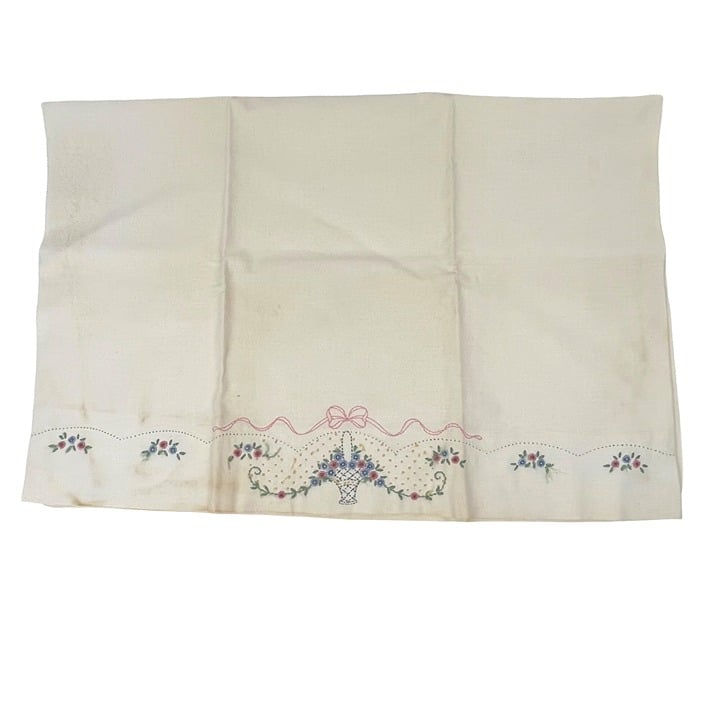 Vintage Hand-Embroidered Single Pillowcase Pink & Blue 
