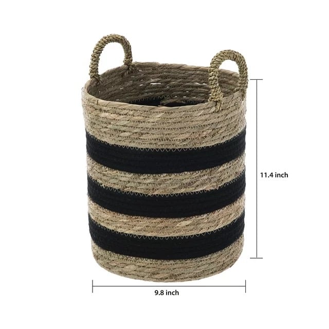 Natural and Black Rush Decorative Storage Basket with Handles, 11.4