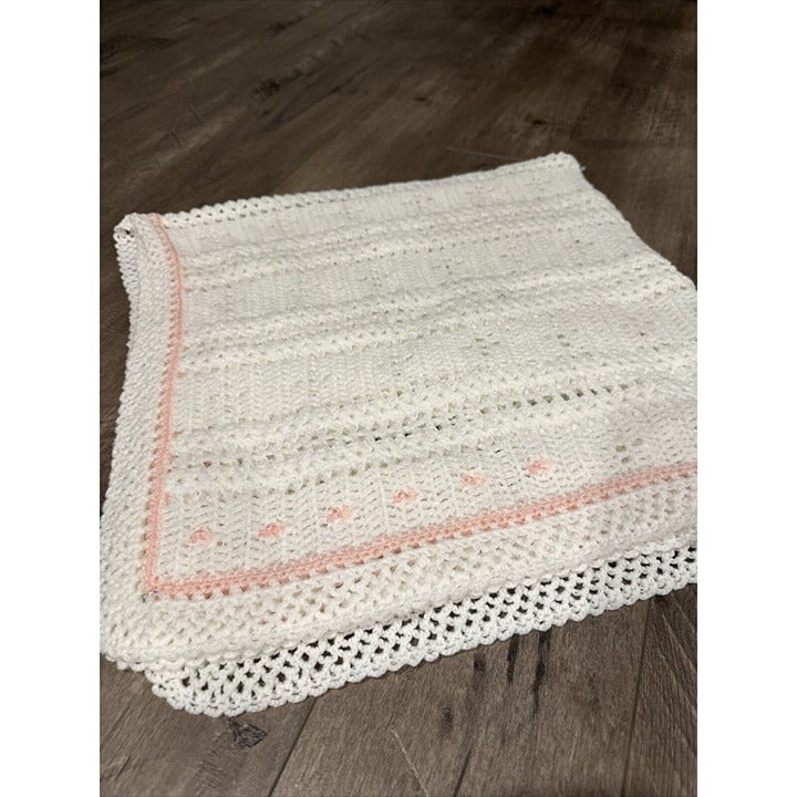 Handmade Crochet/Knit Baby Girl  Pink Trim White Blanke