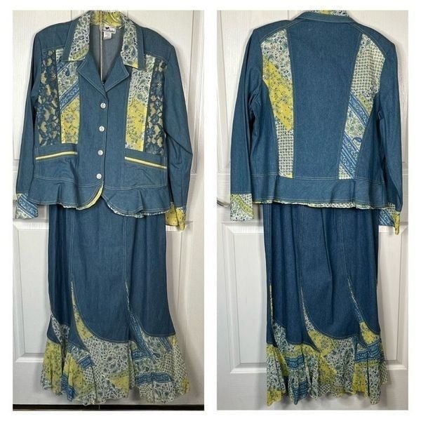 Vintage Denim Jacket & Skirt Set Sz L Tommy N Loulou Maxi Skirt Blue Yellow Erxc2SdTH