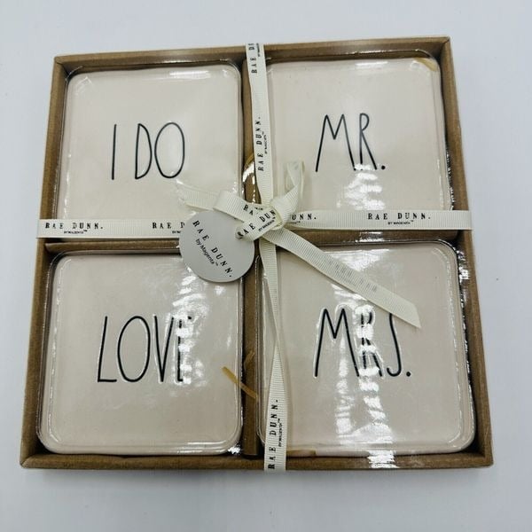 Rae Dunn Wedding Drink Coasters Set Of 4 New I Do Love Mr. Mrs. Marriage Ceramic fiBlIKtMp