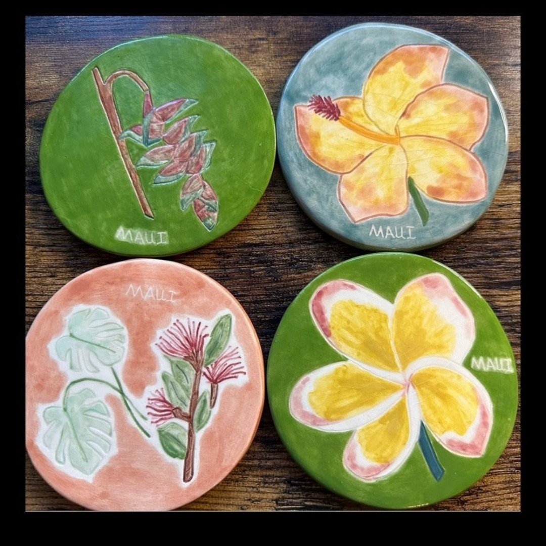 946. Handmade ceramic tile Coasters Set 4 Heliconia Plu