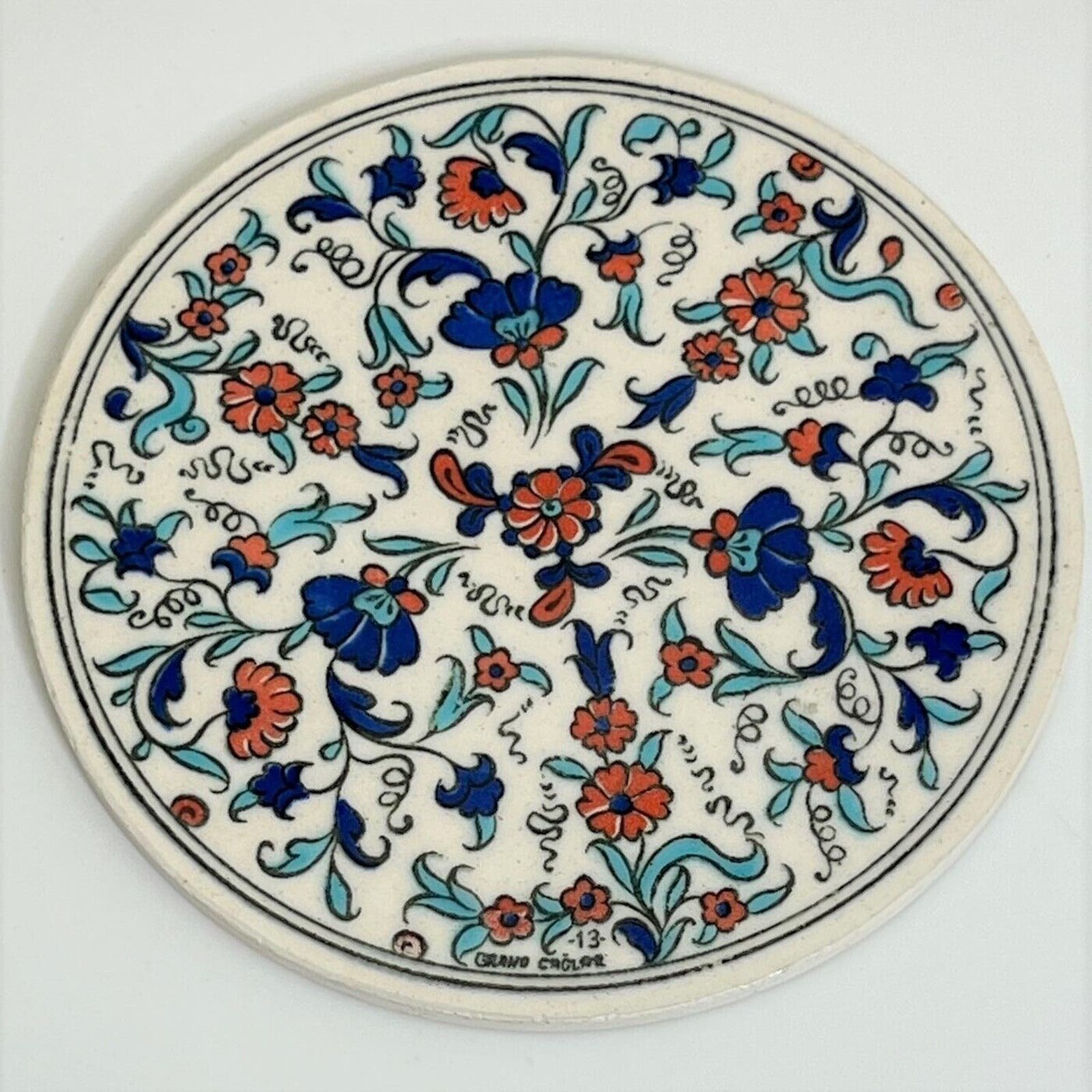 Turkey Grand Caglar 13 Glazed Pottery Round Trivet Tile Blue Red White Floral aP6mTs6GF