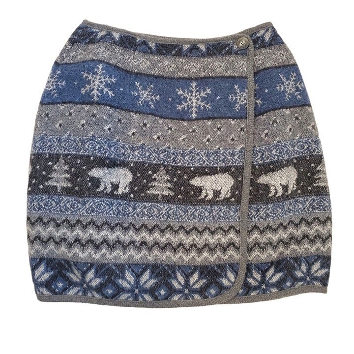 Vintage 80s 90s Gray Blue Fair Isle Mini Wrap Skirt Wool Blend USA Made Sz 6 7T7rDqELn