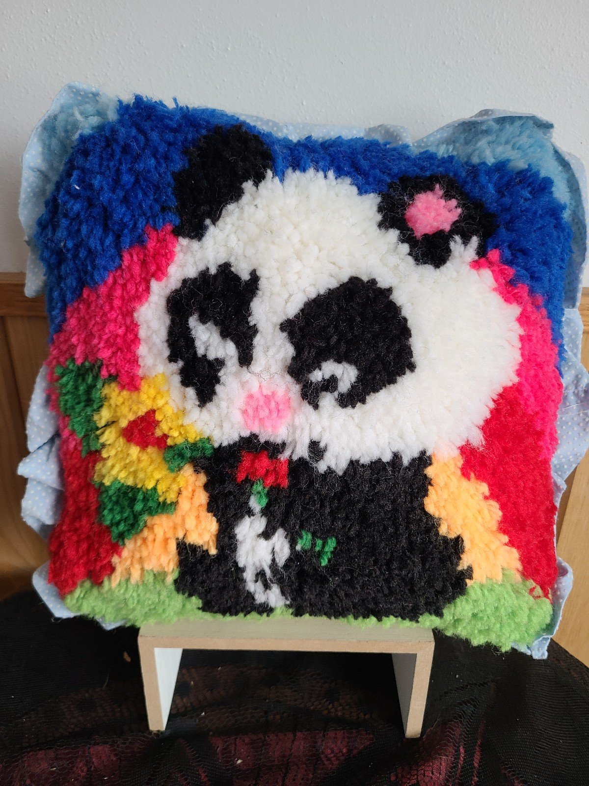 Vintage Handmade Latch Hook Panda Bear Pillow Rose Rain