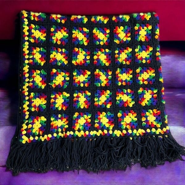 Vintage Crochet Black Rainbow Granny Square Fringe Afghan Throw Blanket 62 X 58 bzjSrCcFF