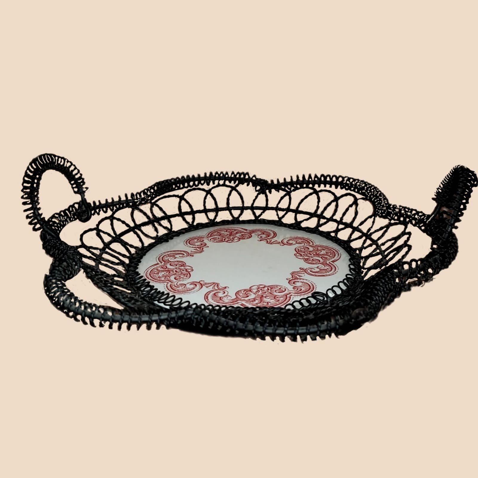 2 Vintage Black Wire Handled Basket With White Ceramic 