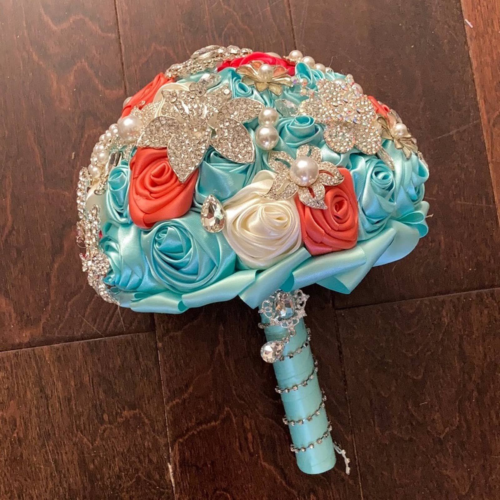 Brooch Bridal Bouquet Satin Rosettes Turquoise Coral Pi