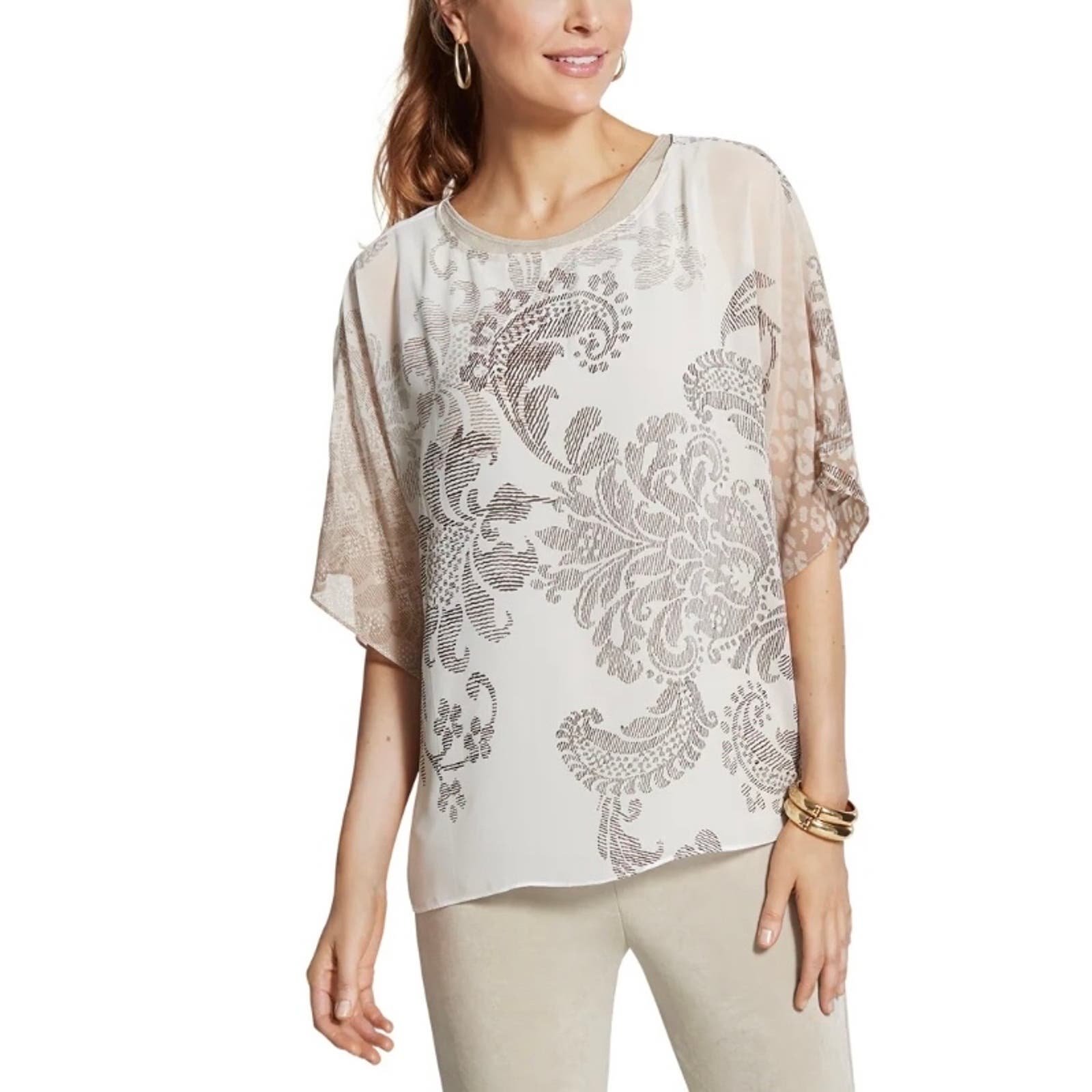 Chico’s Travelers Scroll Paisley Top Neutrals Semi-shee