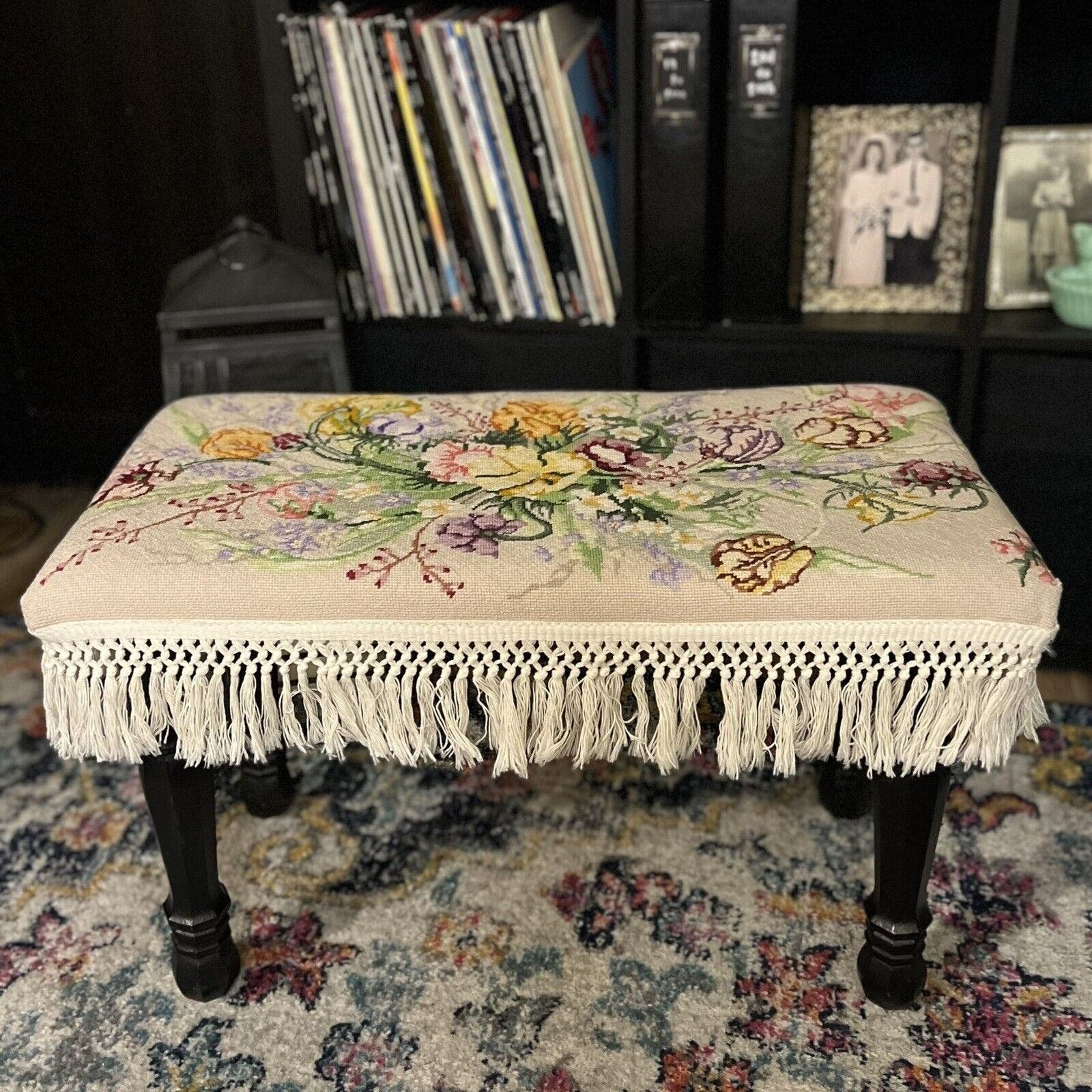 Handmade 27” Needlepoint Cross Stitch Bench Floral Frin