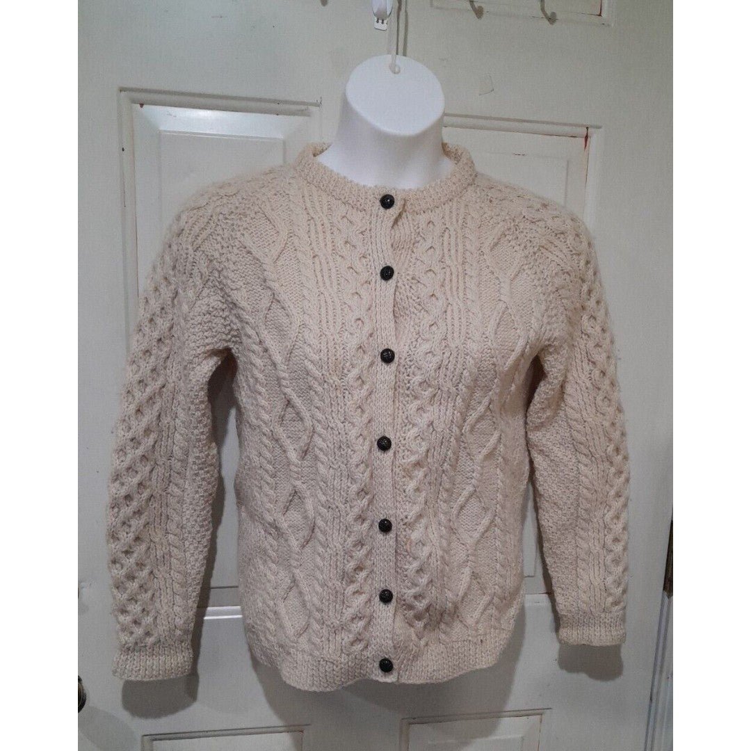 Vintage Handmade Wool Sweater. Ivory. Sz L Women, Cable Knit, Cardigan, Comerath FAxFjq4Px