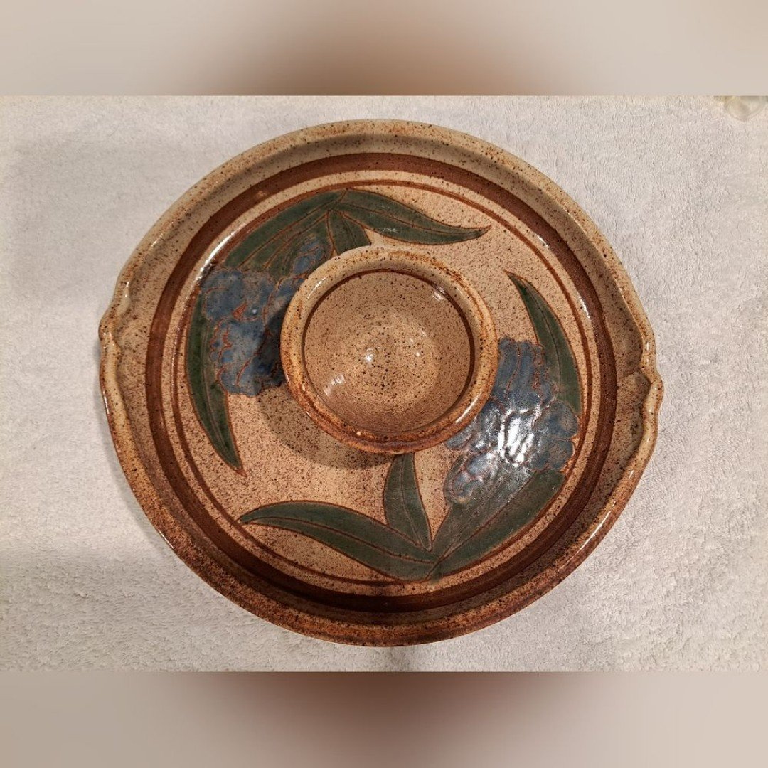 Vintage Hand Thrown Pottery, Art Chips And Dip Stoneware Platter, Floral, Signed Edy6KPkY8