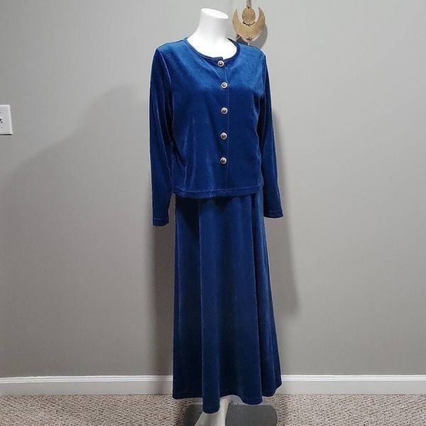 Diane Von Furstenberg Vintage Blue Velour Maxi Shift Dress & Cardigan Set Size M 4MlktSM7o