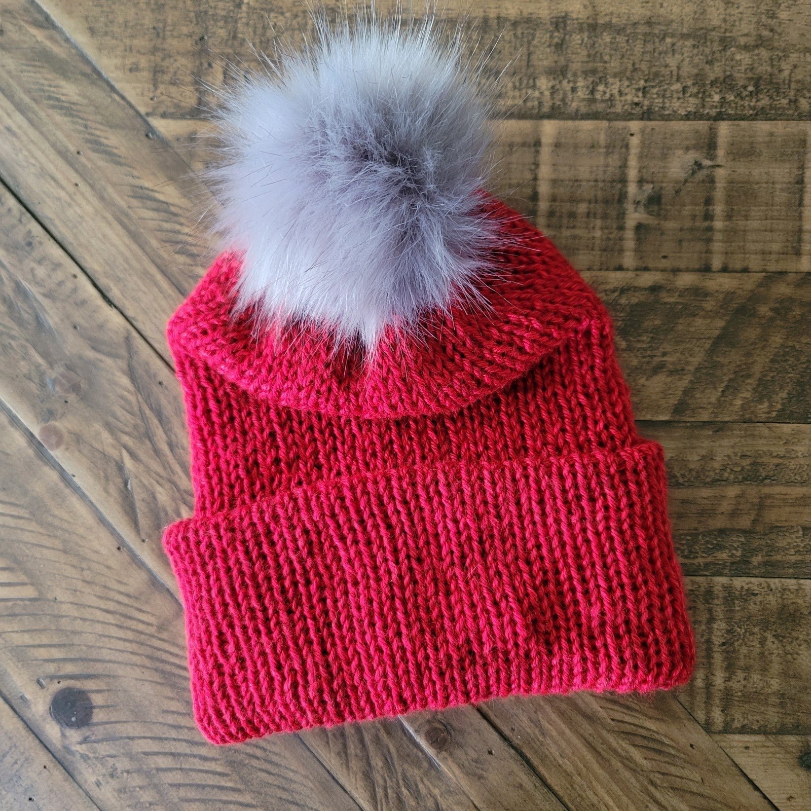 Handmade Knitting Machine Beanie - Red With Gray Pom EnOLHcSjD