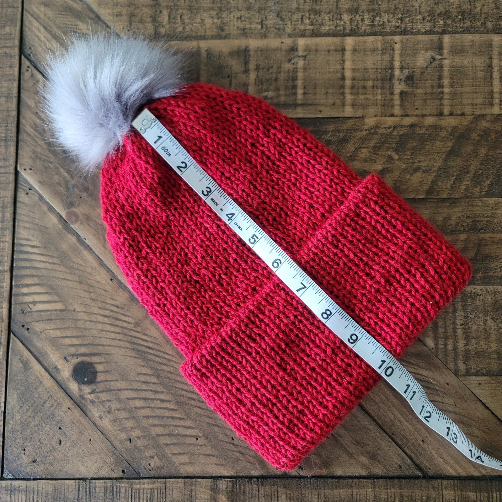 Handmade Knitting Machine Beanie - Red With Gray Pom EnOLHcSjD