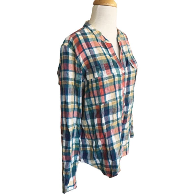 L.L Bean Button Up Shirt Plaid V-Neck 100% Pure Linen Long Sleeves M GdCsuQwbF