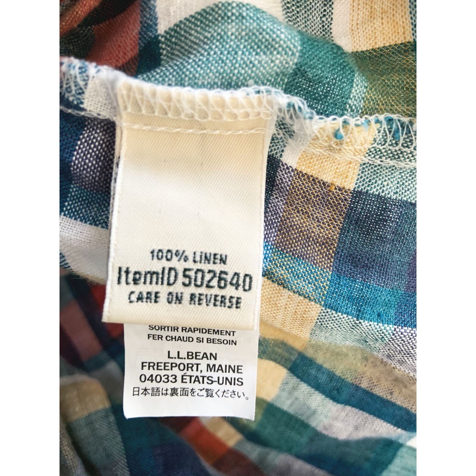 L.L Bean Button Up Shirt Plaid V-Neck 100% Pure Linen Long Sleeves M GdCsuQwbF