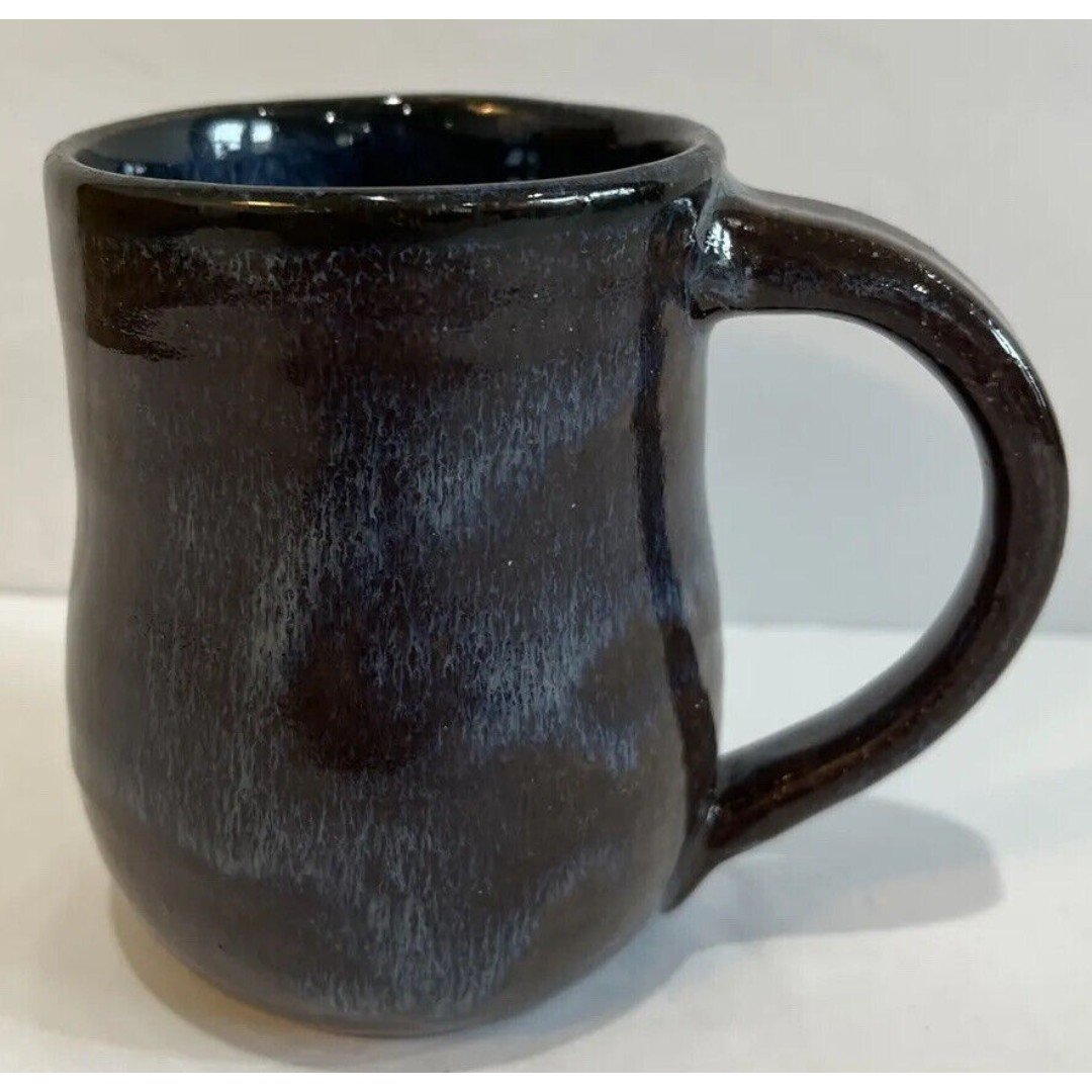 Vintage Art Studio Pottery Coffee Mug Cup Signed Drip Glaze Blue Brown Fox bdwTAEQGX