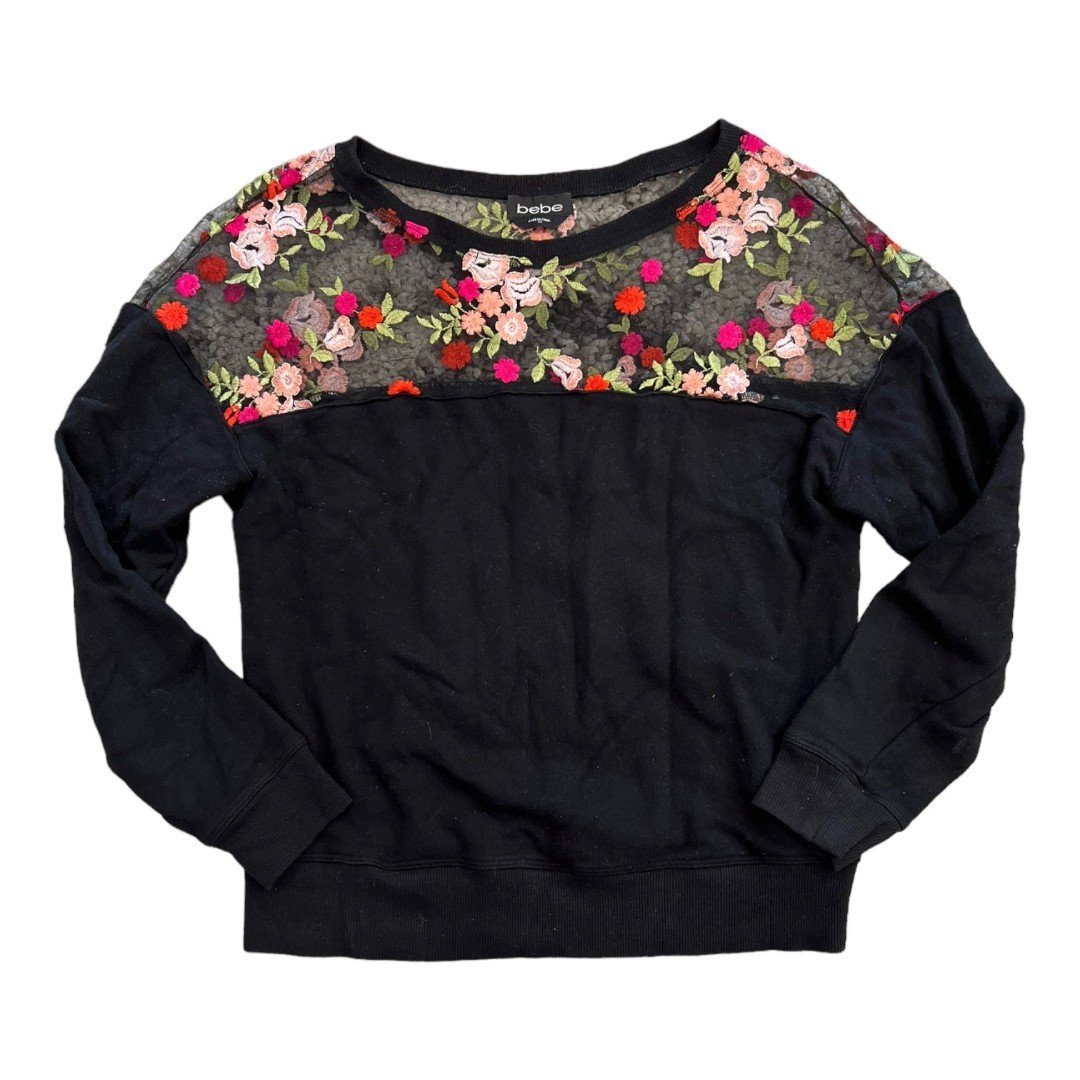 Bebe Black Embroidered Floral Mesh Top Sweater XS 1YtgFxqJr
