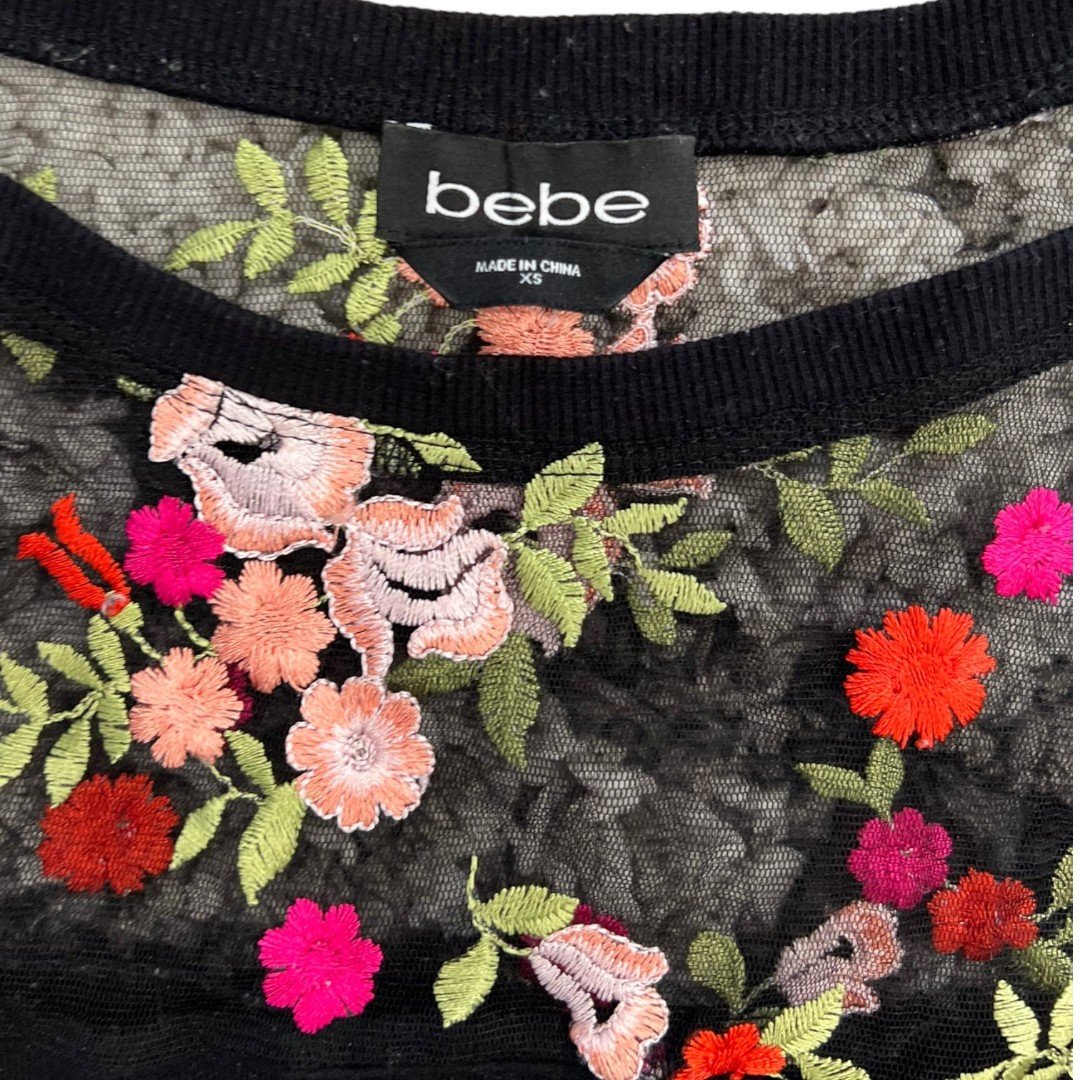 Bebe Black Embroidered Floral Mesh Top Sweater XS 1YtgFxqJr