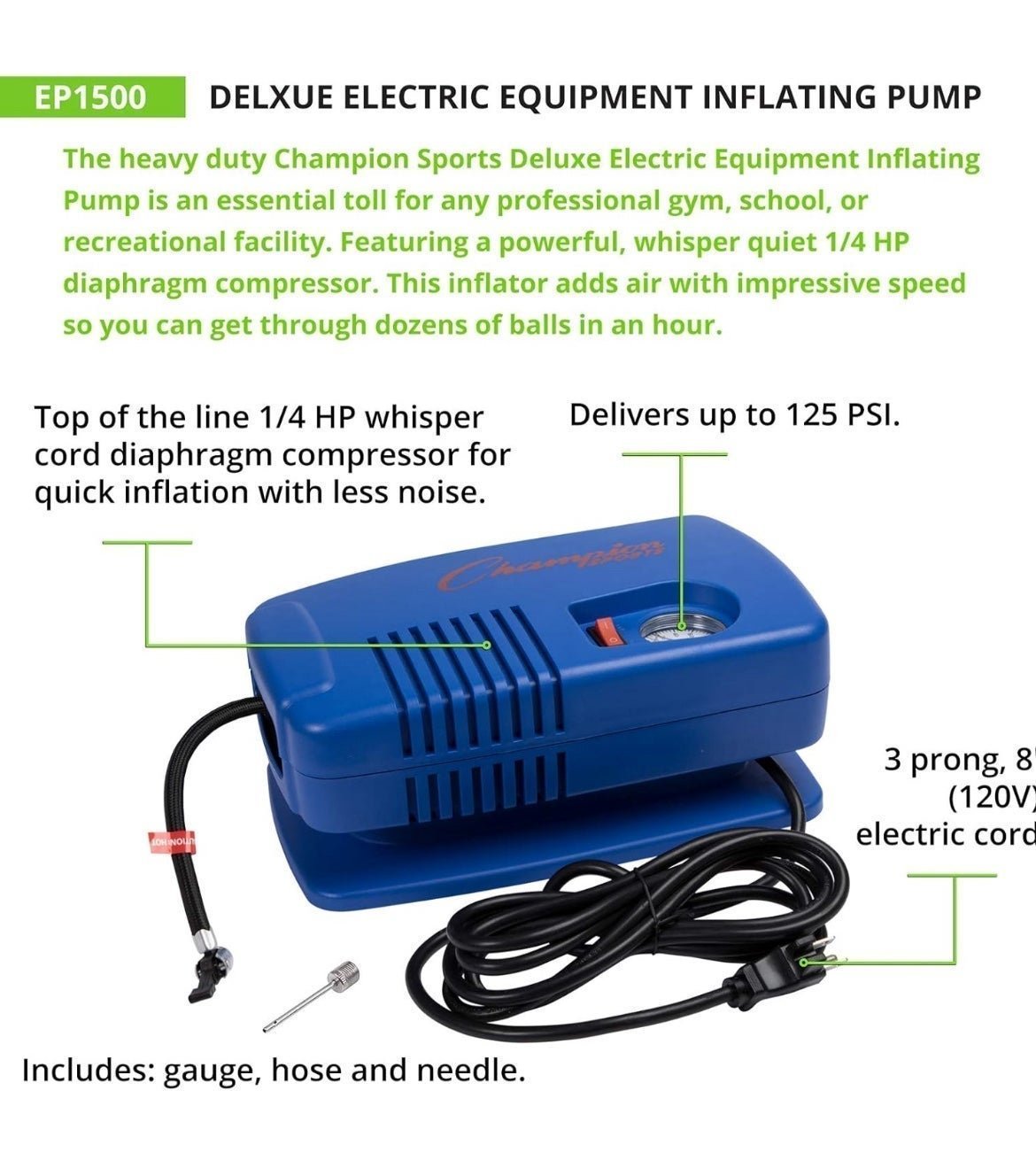 Champion Sports Electric Ball Pump with Needle Gauge, Hose with up to 125 PSI C8hYaugtO