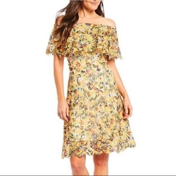 ALEX MARIE Off The Shoulder Lace Midi Dress Floral Print Yellow Size 2 NWOT 2bkb4YXLL