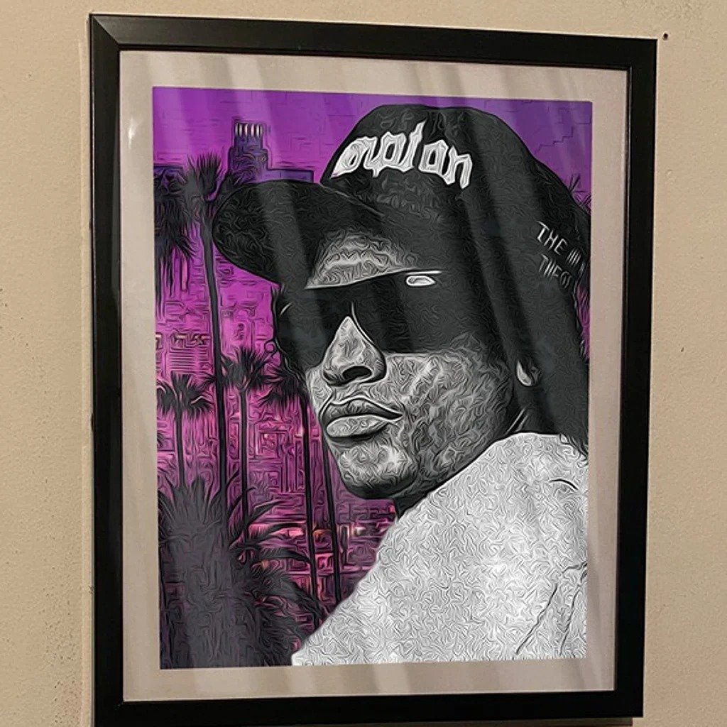 Art piece of Compton legend rapper eazy-e over Los Angeles in black frame 4LVQ0kJZq