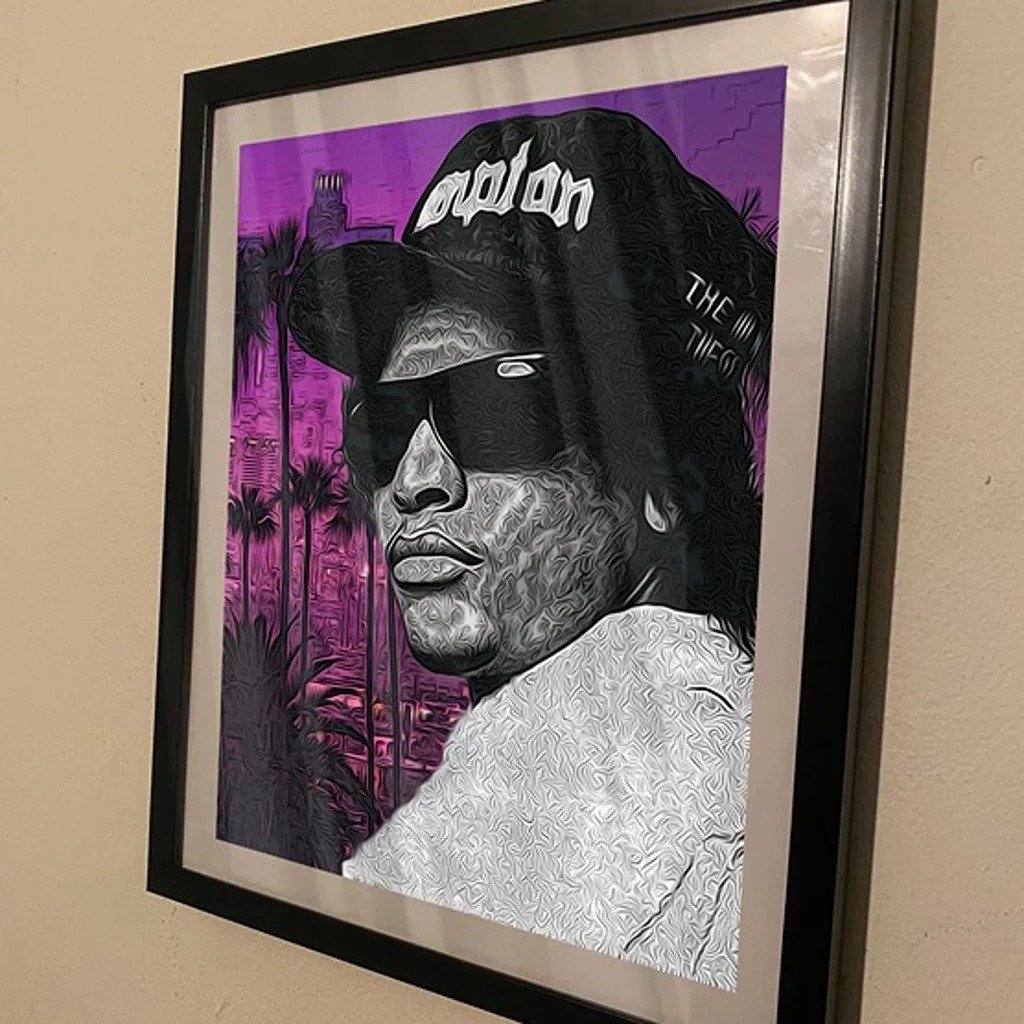 Art piece of Compton legend rapper eazy-e over Los Angeles in black frame 4LVQ0kJZq