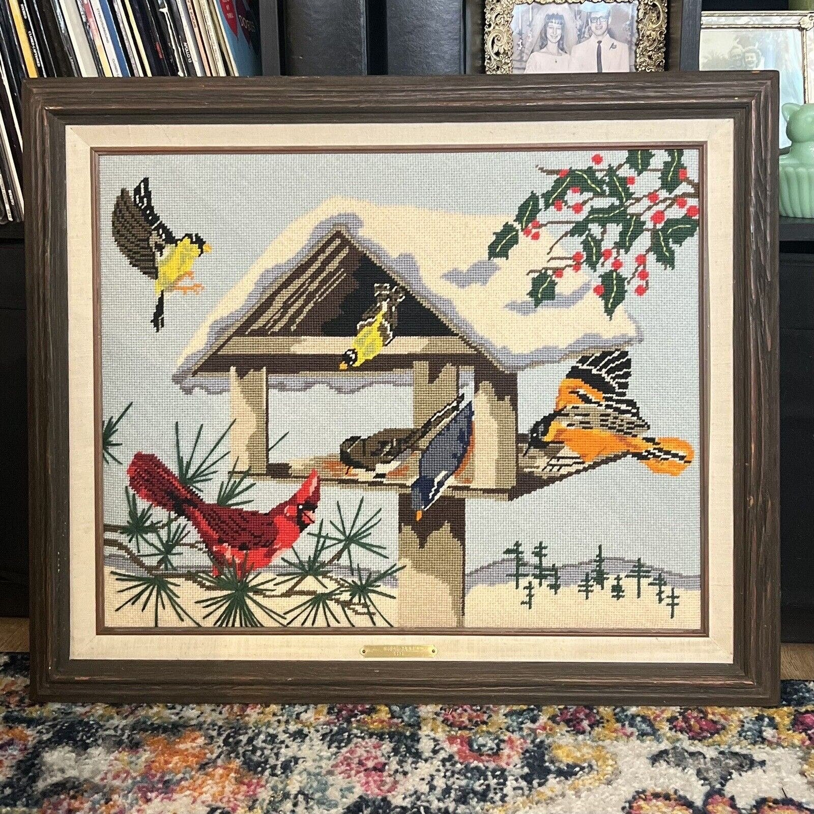 Vintage Large Wood Framed Needlepoint Wall Art Bird Win