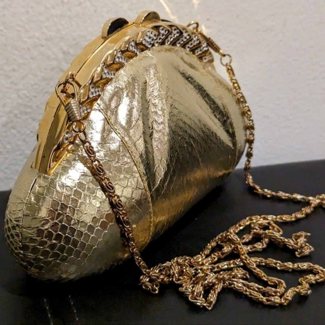 Vintage Le Ann Rhinestone Studded Snakeskin Embossed Evening Bag Purse Crossbody 7O0taIPqh
