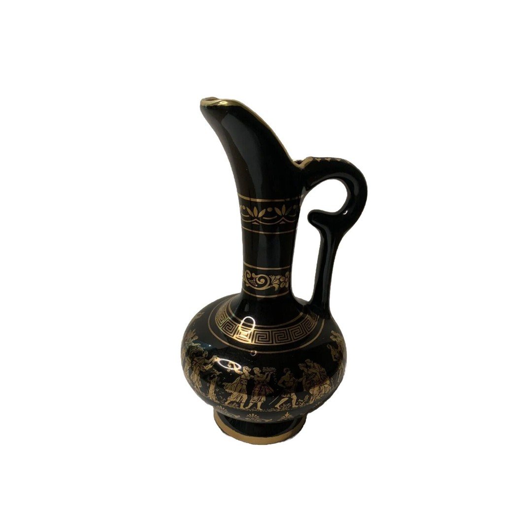 Vintage Pottery Black & 24K Gold Cyprus Vase Urn Greece